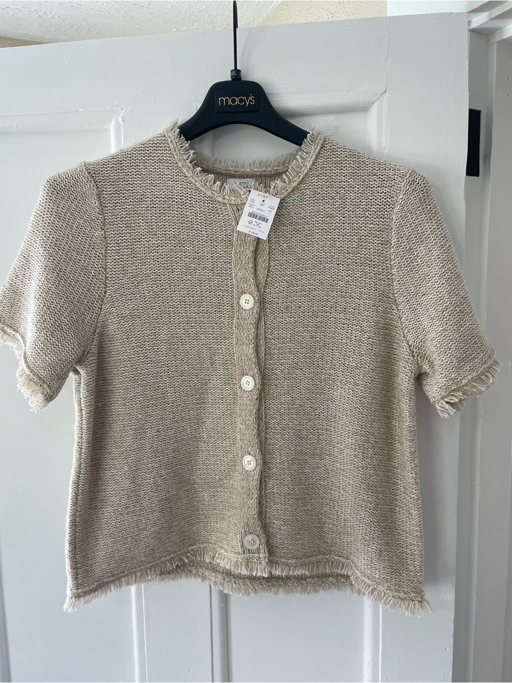 J. Crew Womens Beige Fringe-Trim Button-Front Cardigan short-sleeve knit capsule